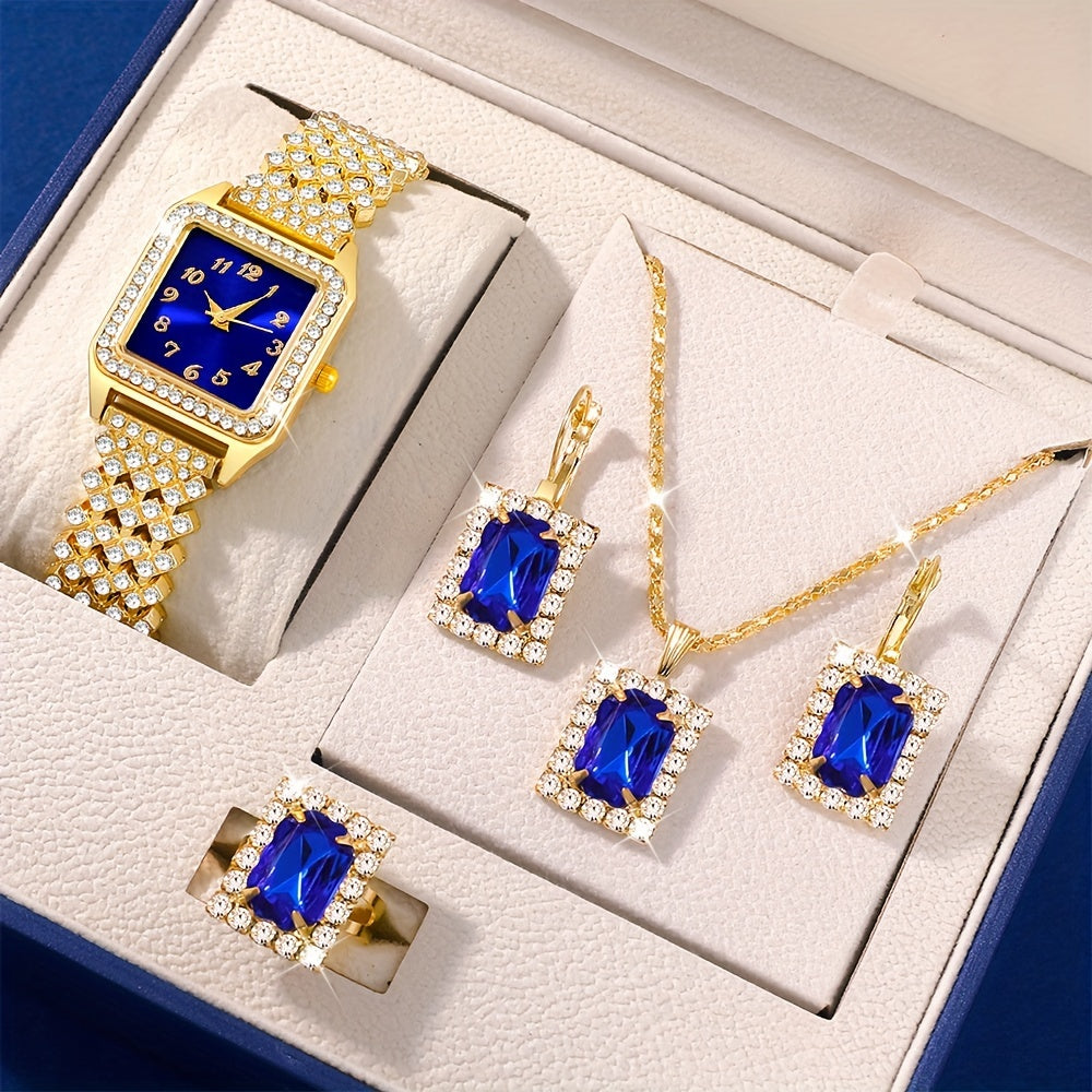 Quartz Watch & Accessory Set - Elegant Analog Navy Blue Dial, Golden Material, Movement with Battery Display, Stylish Present for Women on Any Event or Celebrations